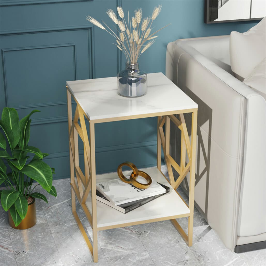 Side Table Marble Top Gold Frame 40x40x58.5cm White