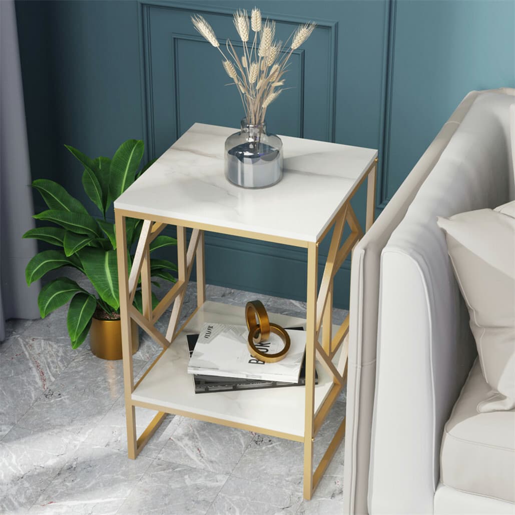 Side Table Marble Top Gold Frame 40x40x58.5cm White