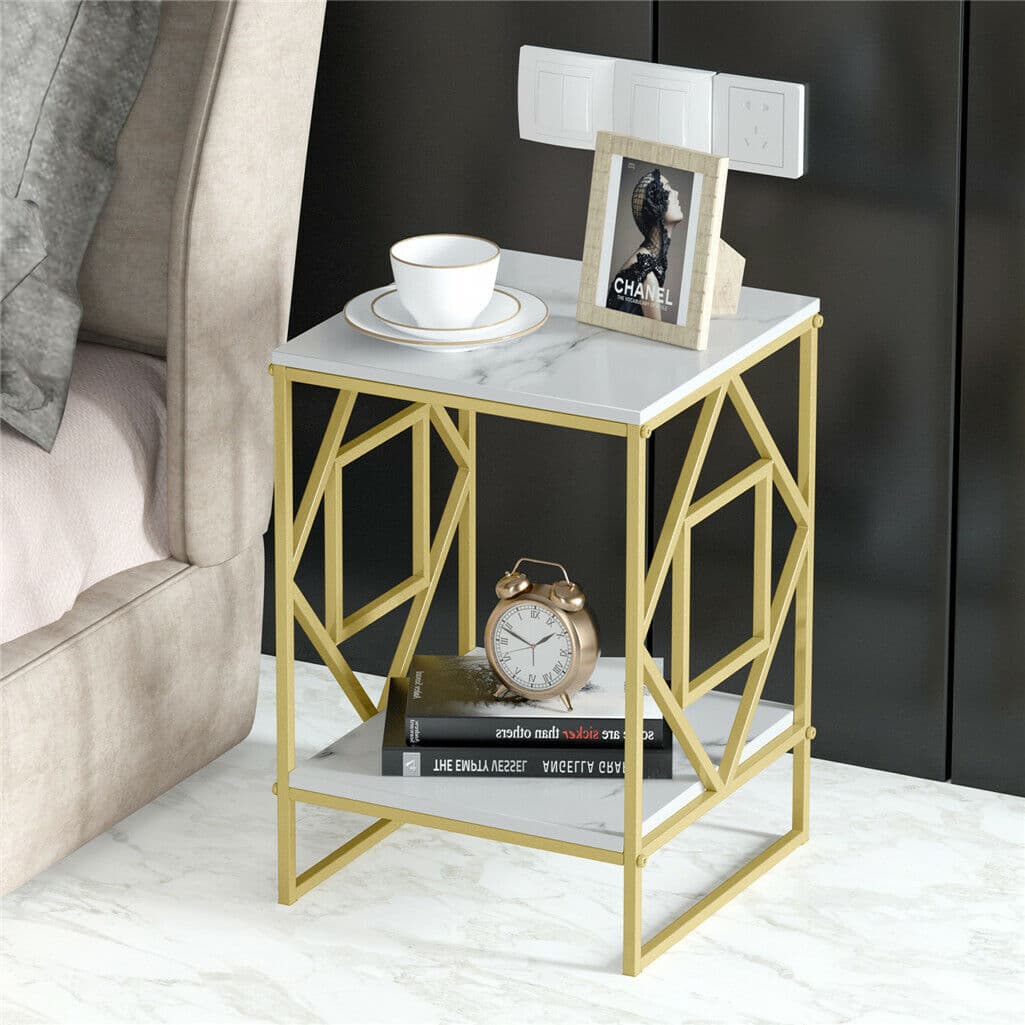 Side Table Marble Top Gold Frame 40x40x58.5cm White