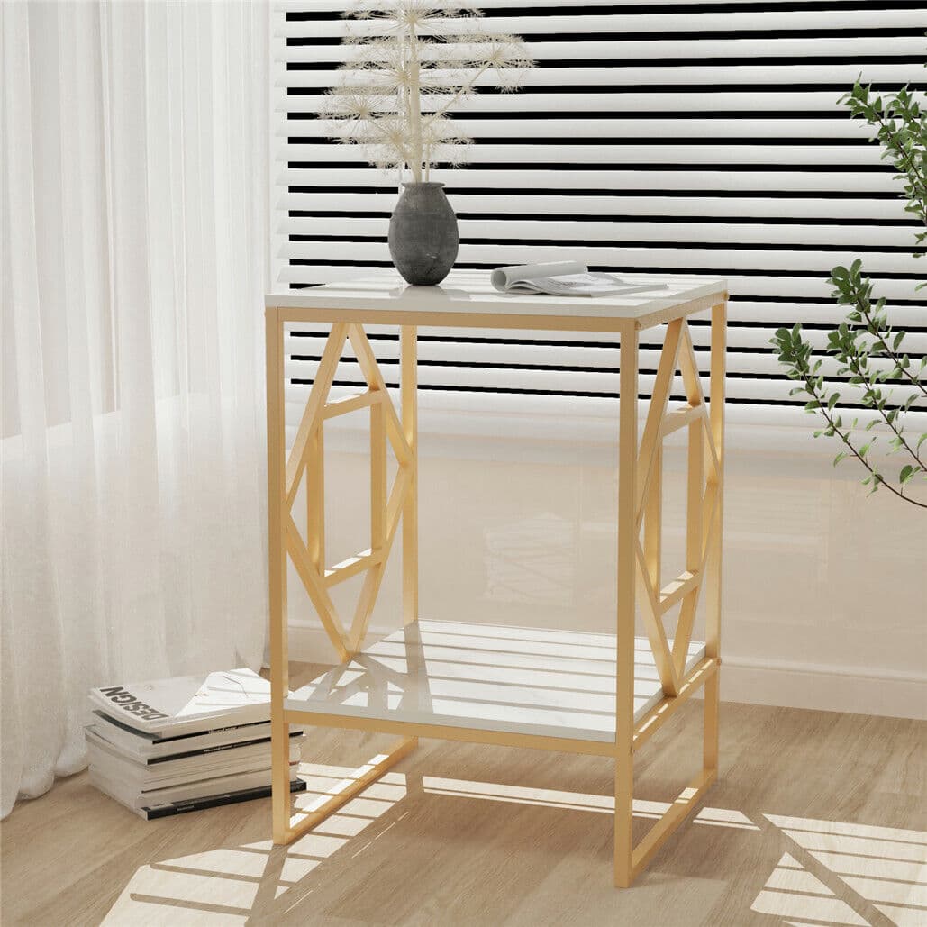 Side Table Marble Top Gold Frame 40x40x58.5cm White