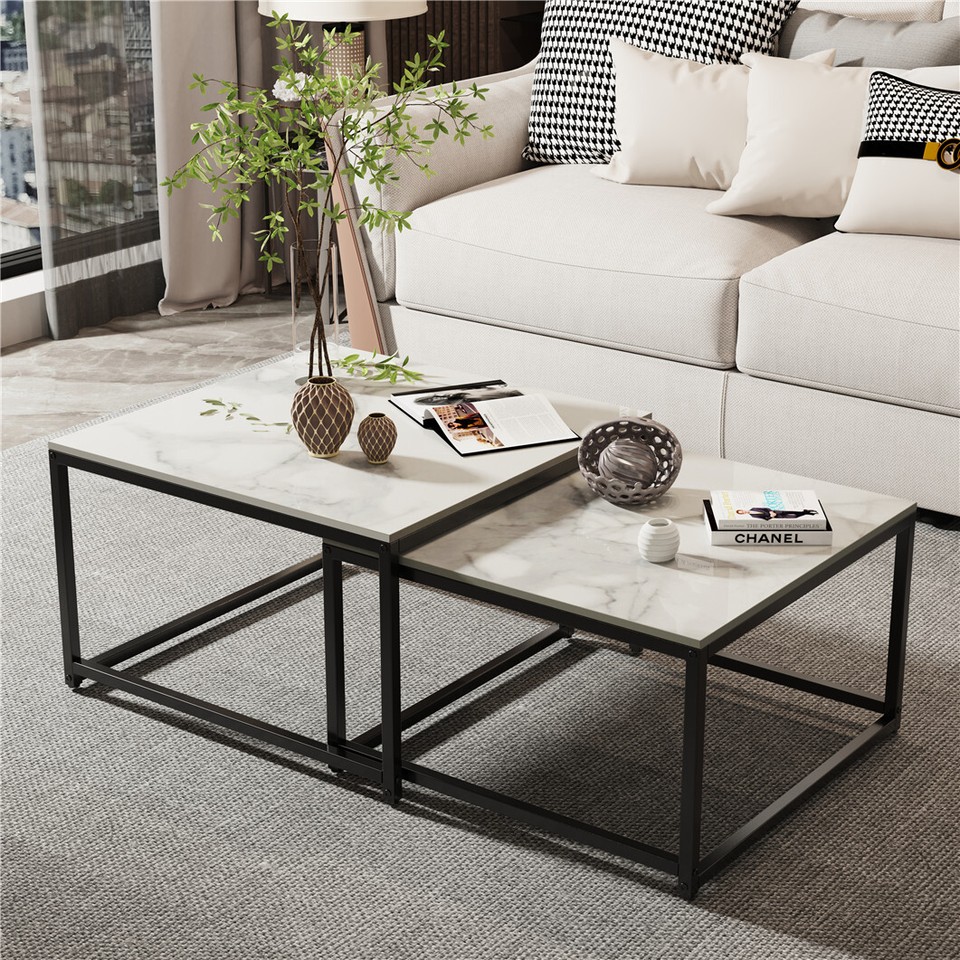 Marble Nesting Coffee Table Side End Tables Bedside Furniture with Solid Metal Frame