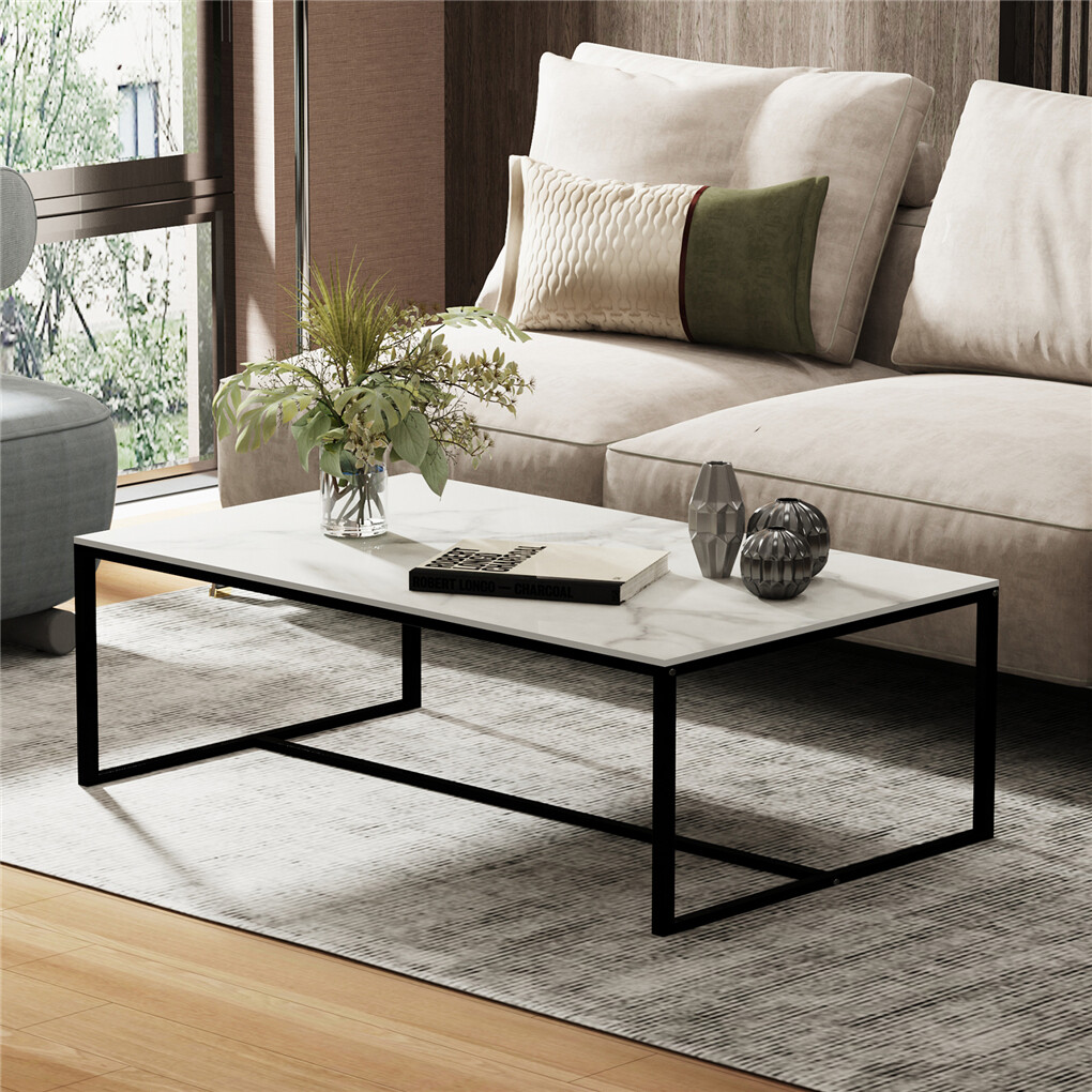Extra Thick Marble Coffee Table White Sintered Stone Rectangular Center Table with Black Metal Frame