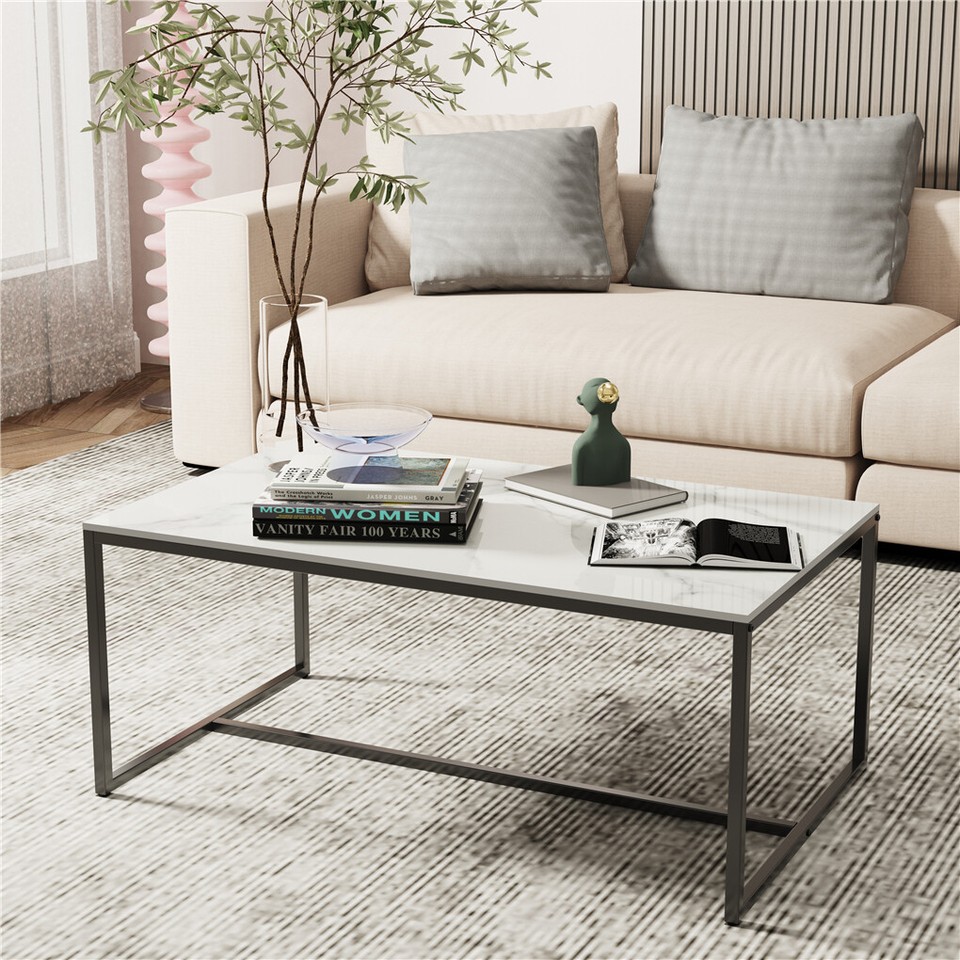 Extra Thick Marble Coffee Table White Sintered Stone Rectangular Center Table with Black Metal Frame