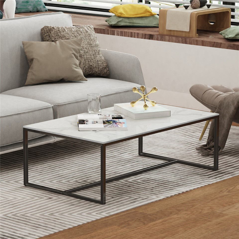 Extra Thick Marble Coffee Table White Sintered Stone Rectangular Center Table with Black Metal Frame