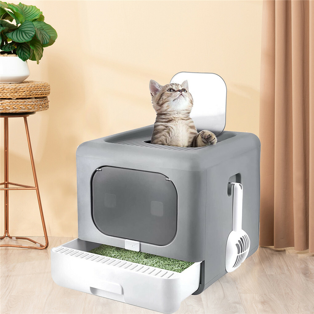 Foldable Fully Enclosed Hooded Cat Litter Box Self-Cleaning Kitty Toilet w Tray