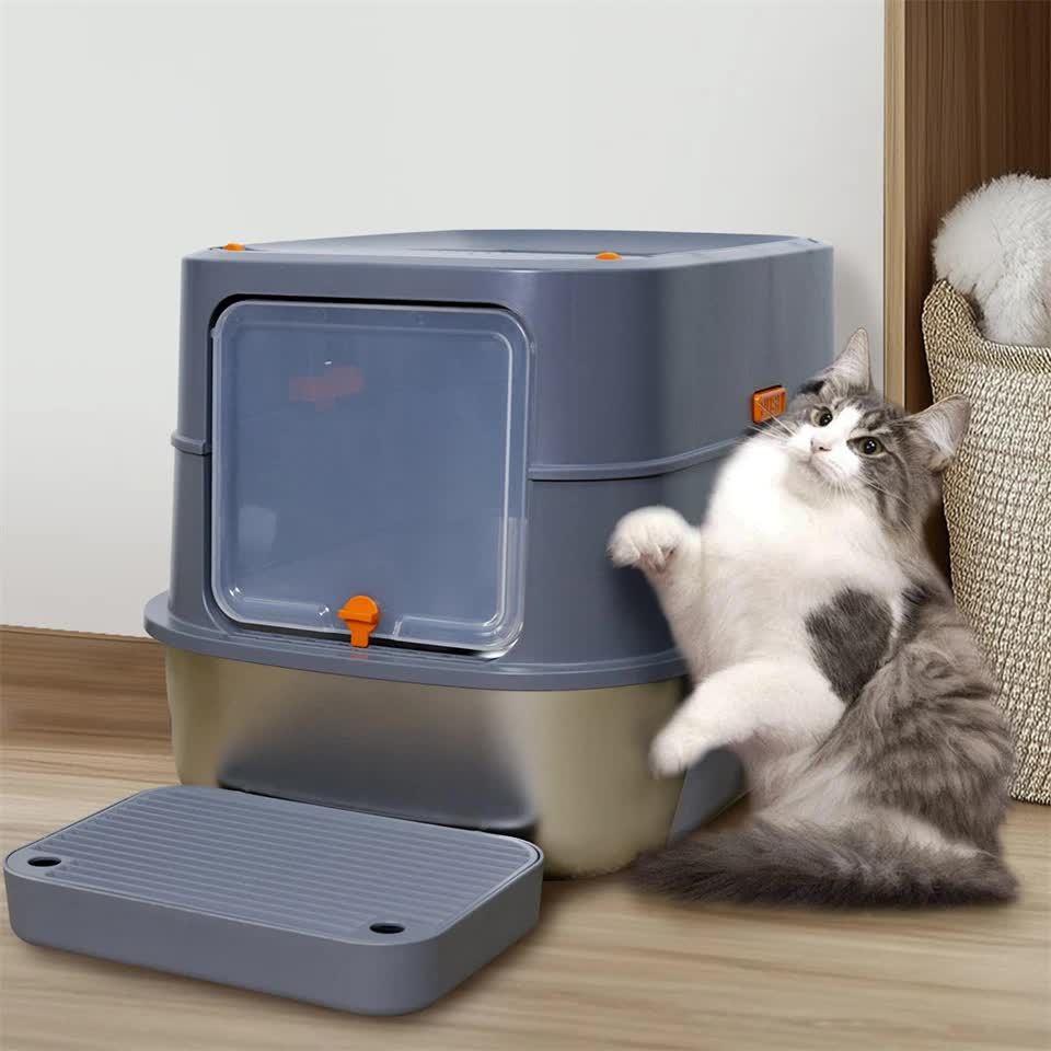 P&P Jumbo Stainless Steel Cat Litter Box for Multi-Cats Large Toilet Box with Removable Lid