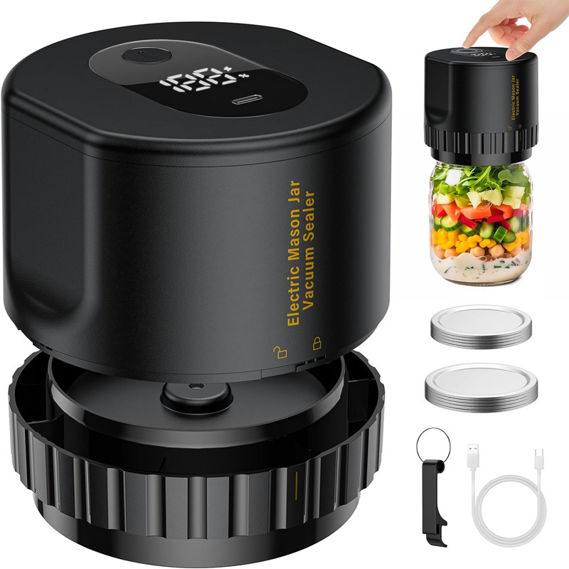 Portable Vacuum Sealer for Mason Jars,Regular Model KZ-80 (60 sec stop or manual stop) - Black Electric Food Preservation Machine with LED Display