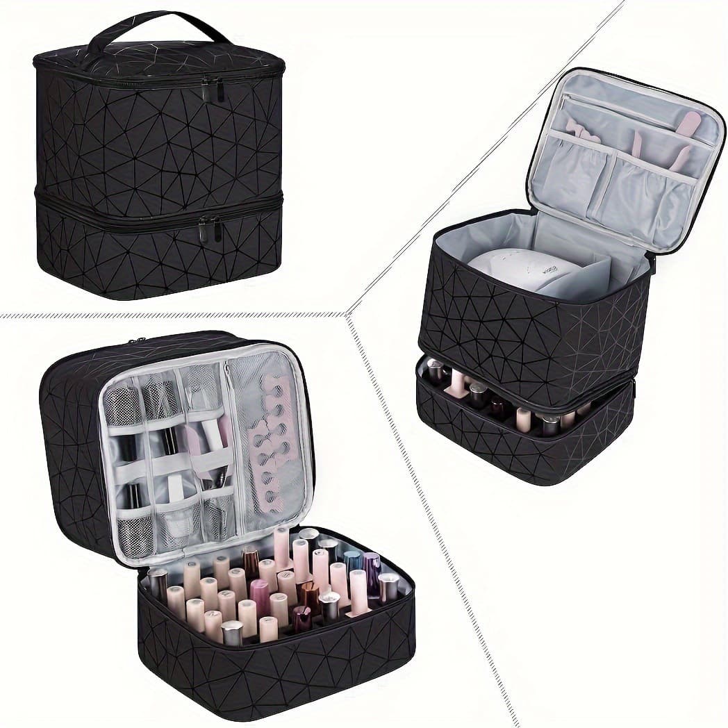 PVC Cosmetic Bag Large Capacity Portable Nail Polish Storage Case with Dividers Sliver