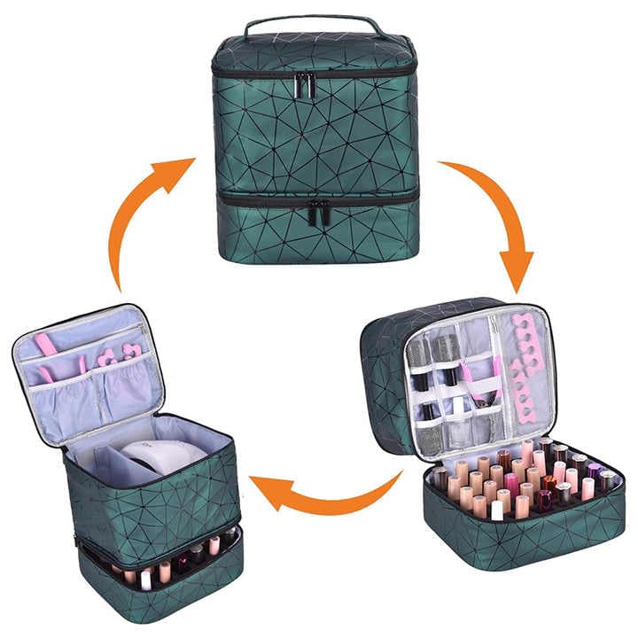 PVC Cosmetic Bag Large Capacity Portable Nail Polish Storage Case with Dividers Sliver