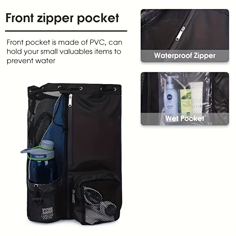 Blue Mesh Drawstring Swim Backpack with Wet Bag - Durable Beach Gym Bag for Wet Gear
