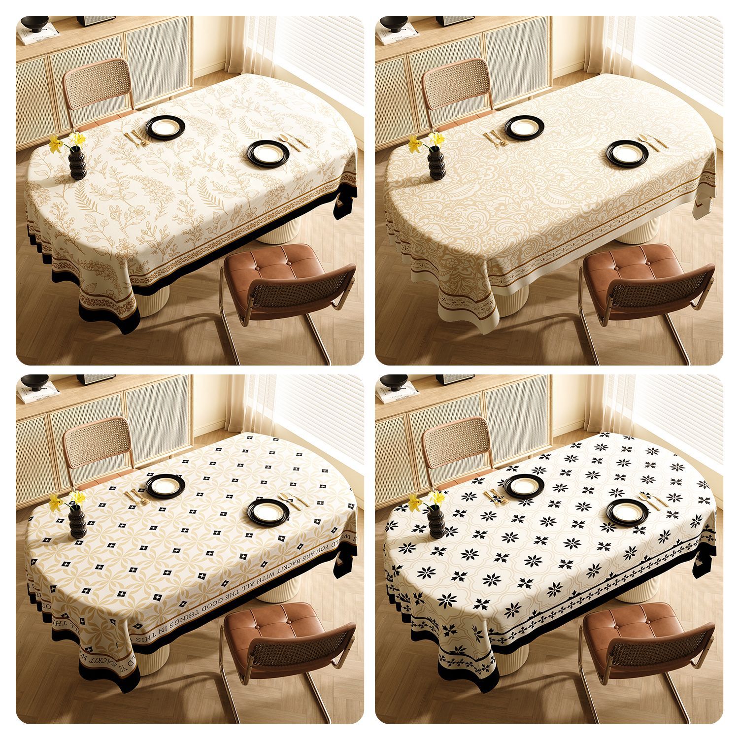 Style A Black and Beige Premium PVC Tablecloth - Oil & Water Resistant Table Cover for Dining Tables (120 x 180 cm)