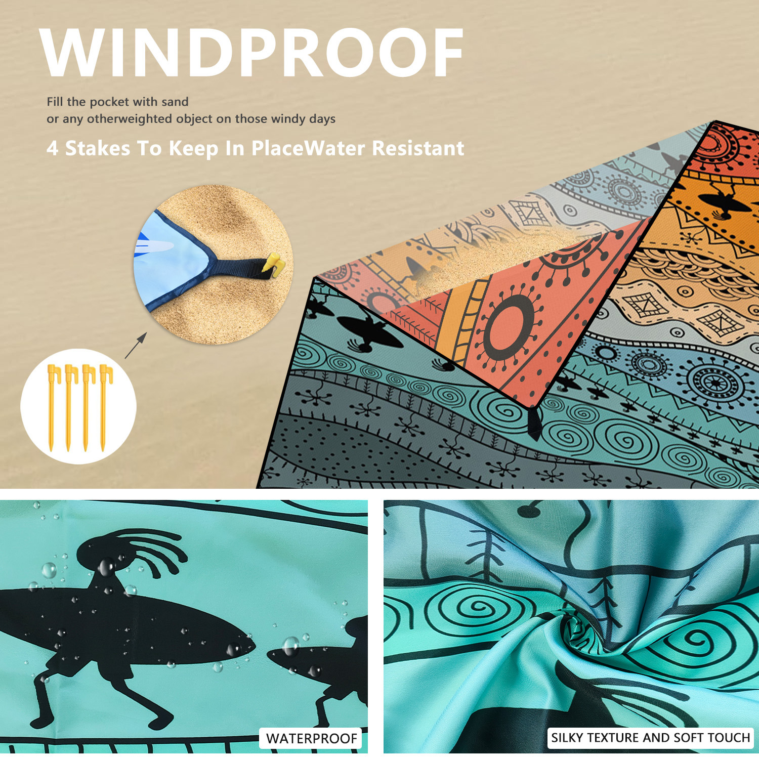 Style STD-001-23 Colorful Quick Dry Beach Mat Sand Proof Waterproof Outdoor Picnic Blanket - Compact & Lightweight