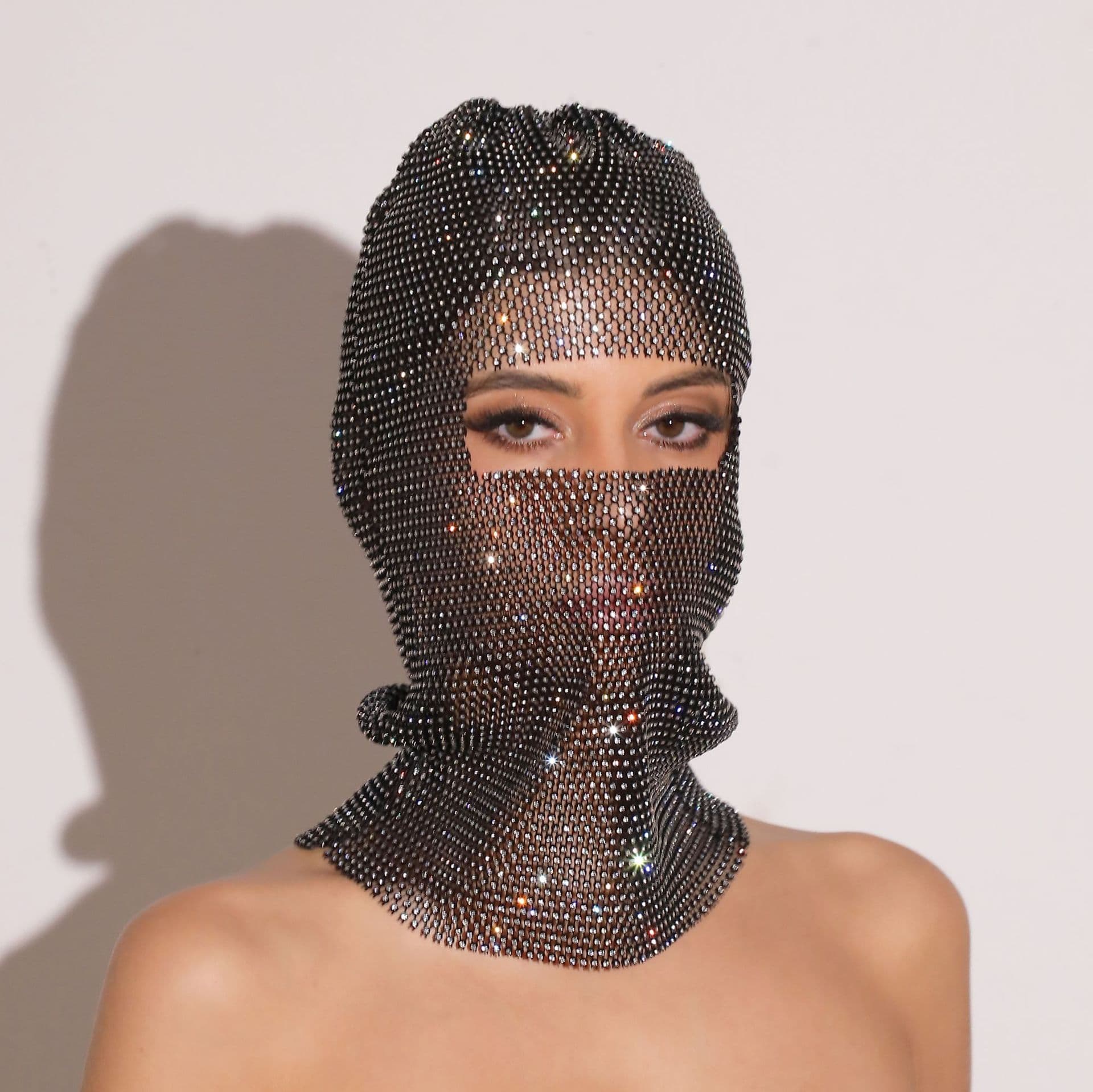 Glitter Rhinestone Face Balaclava Trendy Design 37cm Black with Rhinestone Accents