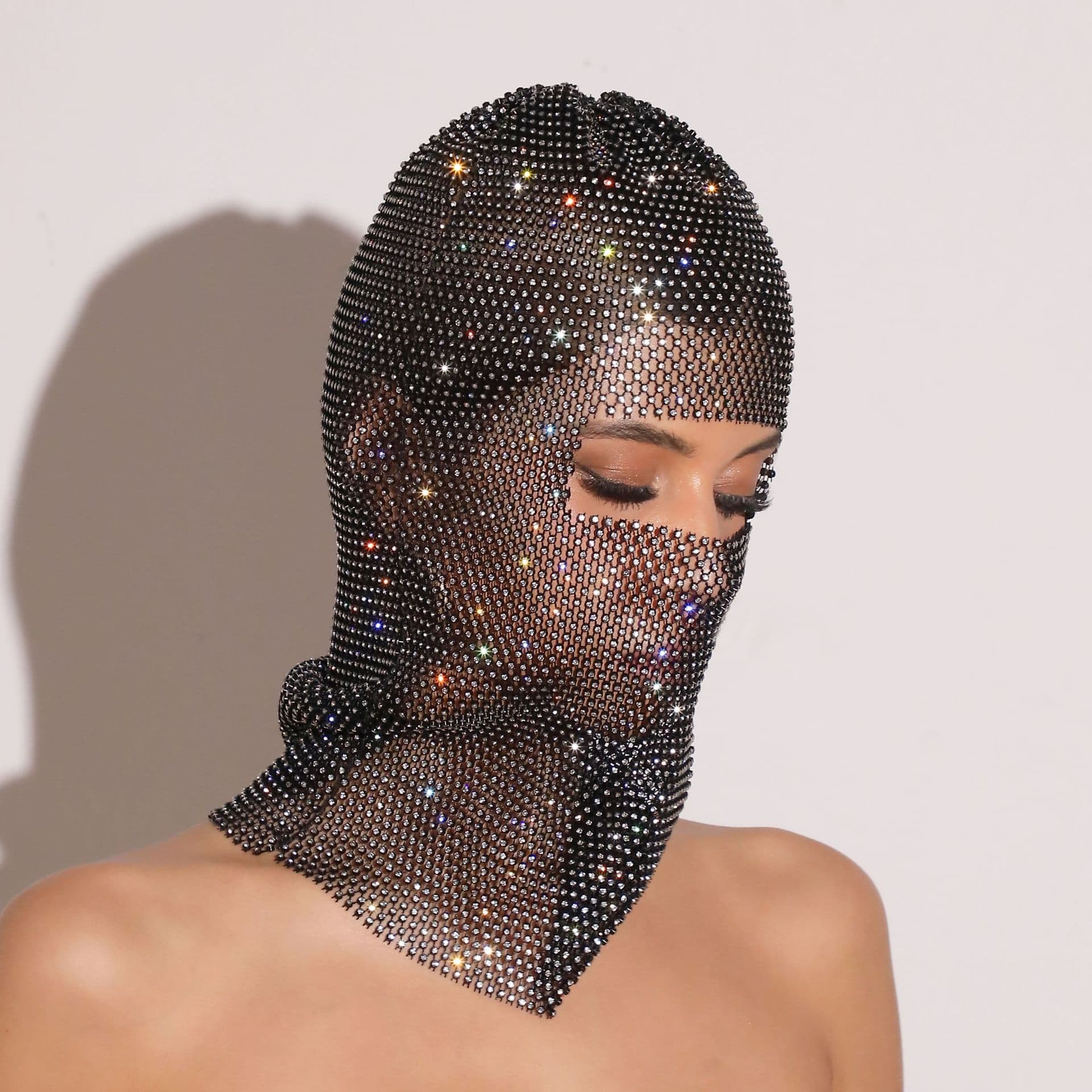 Glitter Rhinestone Face Balaclava Trendy Design 37cm Black with Rhinestone Accents