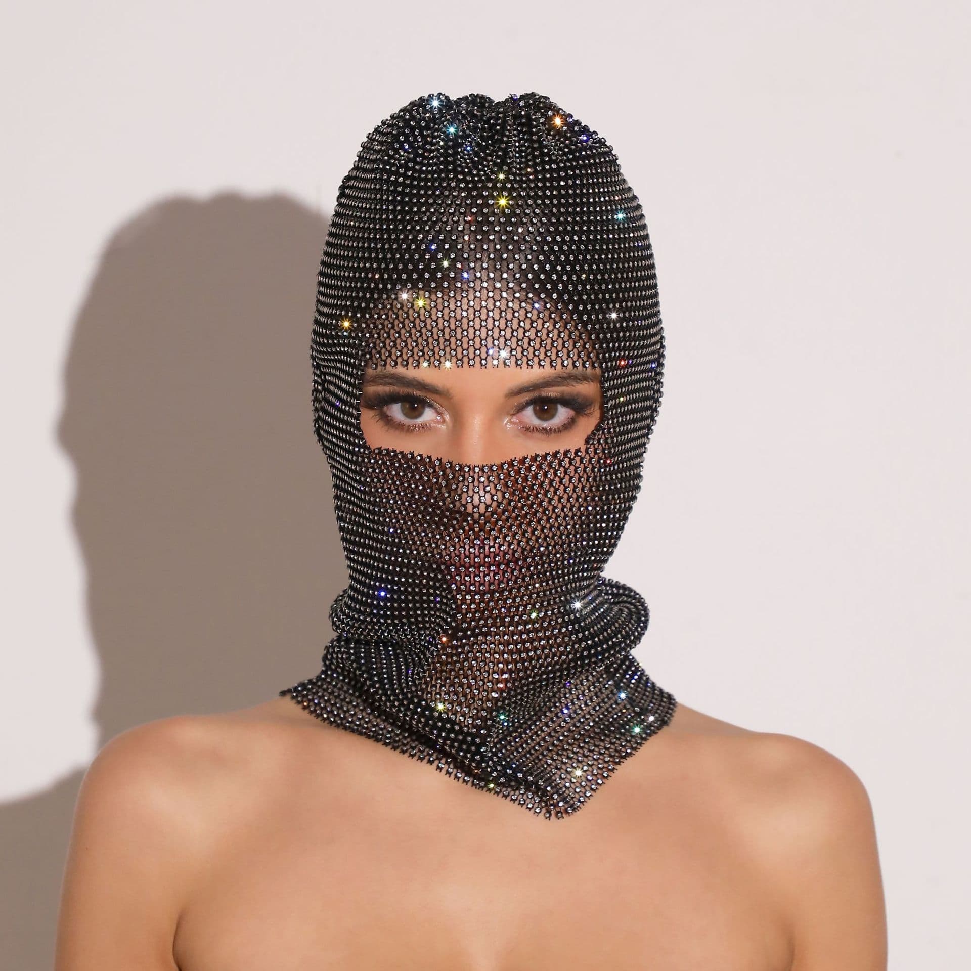 Glitter Rhinestone Face Balaclava Trendy Design 37cm Black with Rhinestone Accents