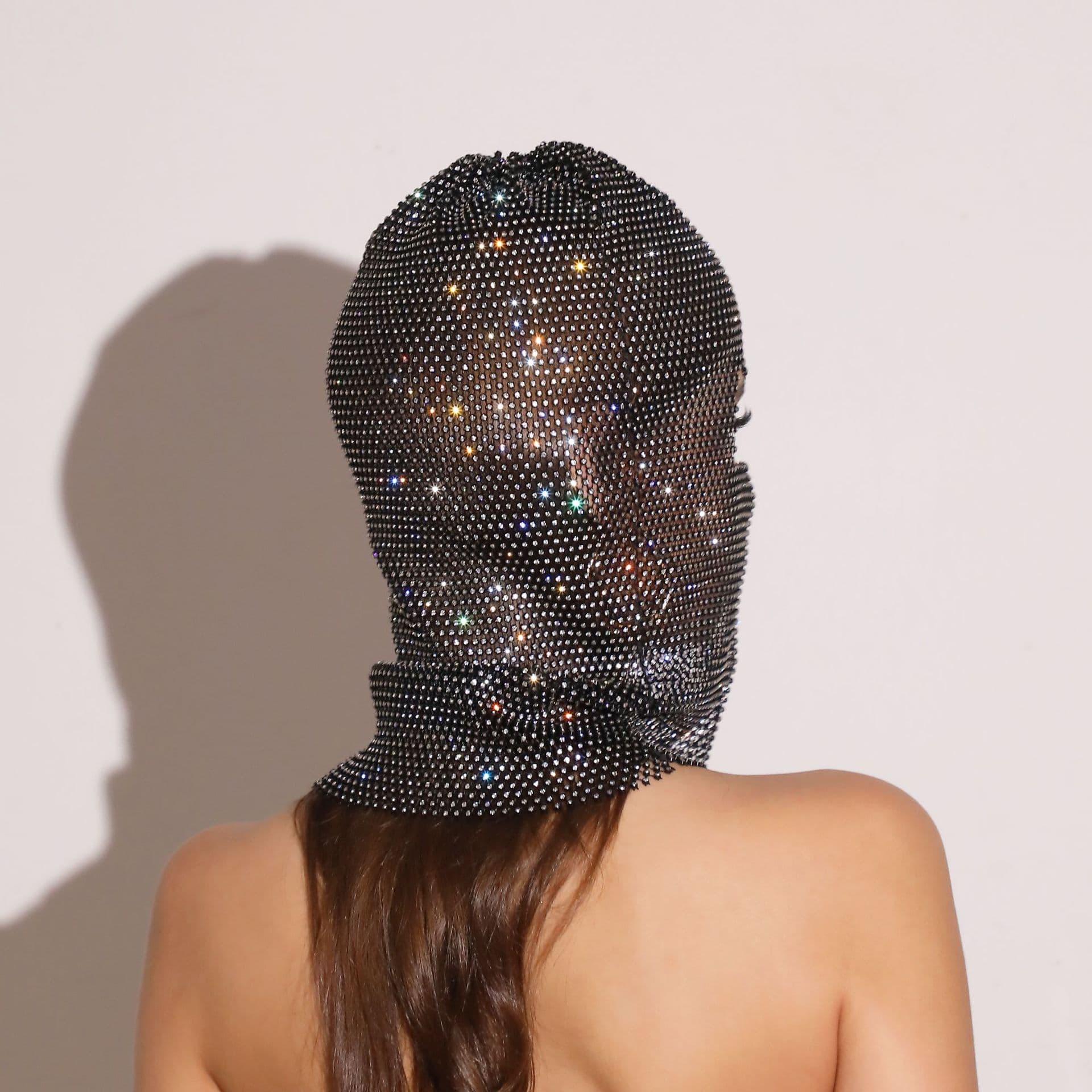 Glitter Rhinestone Face Balaclava Trendy Design 37cm Black with Rhinestone Accents