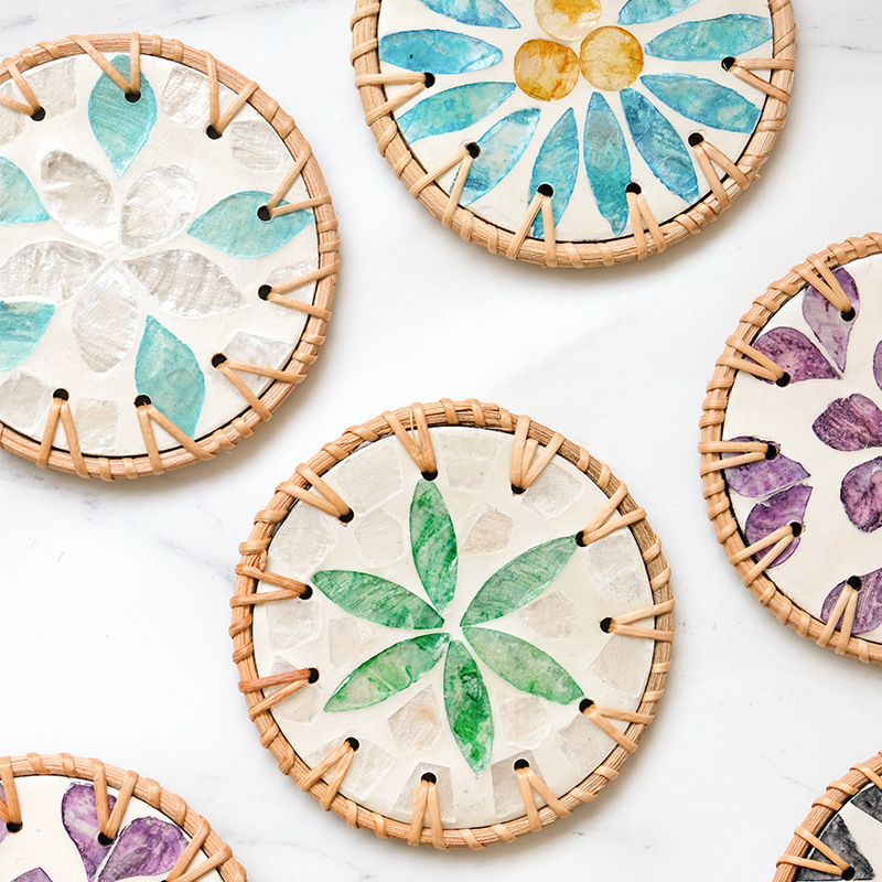 4 Pcs Beige Background With Blue and Purple flower Handcrafted Rattan Coaster with Natural Shell Inlay - Decorative & Heat Insulating Drink Mat