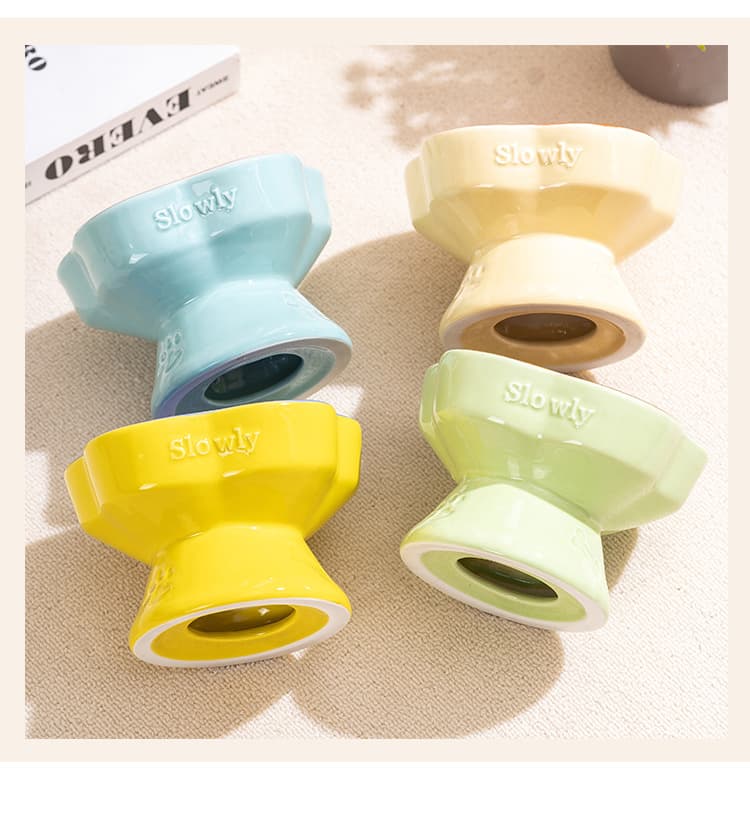 Ceramic Slow Feeder Pet Bowl Elevated Design 15 Degree Tilted Rim Yellow and Blue for Cats and Small Dogs