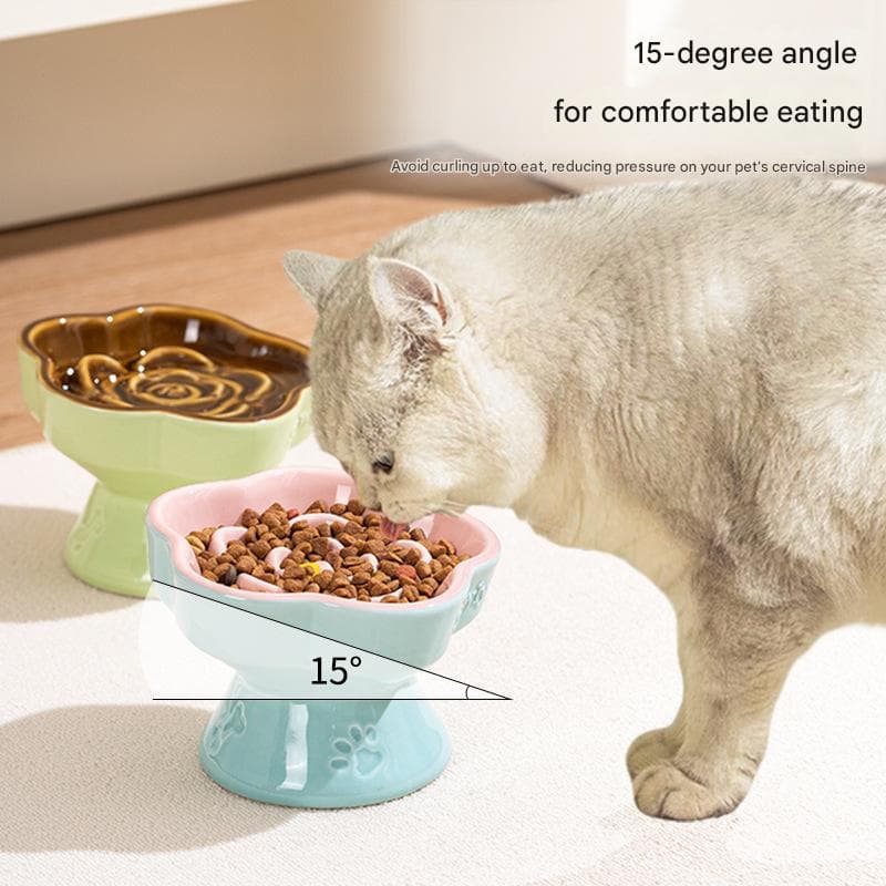 Ceramic Slow Feeder Pet Bowl Elevated Design 15 Degree Tilted Rim Yellow and Blue for Cats and Small Dogs