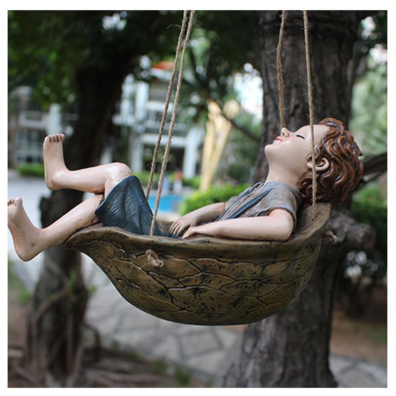 Garden Ornament Walnut Boy Swing Resin 20.5x11x12.5cm Charming Hanging Decor for Trees Patios