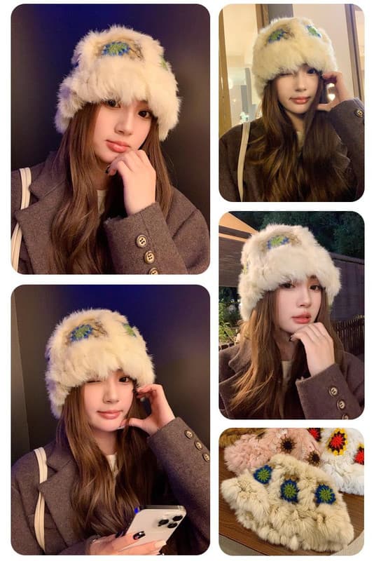 Plush Floral Bucket Hat Warm Crocheted Winter Hat 55-59cm White Yellow