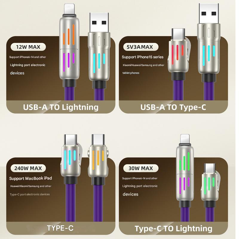 Universal PD Fast Charging Cable with LED Indicator - Zinc Alloy, Durable 1.5m Silicone Cord - Multiple Connector Options(White)