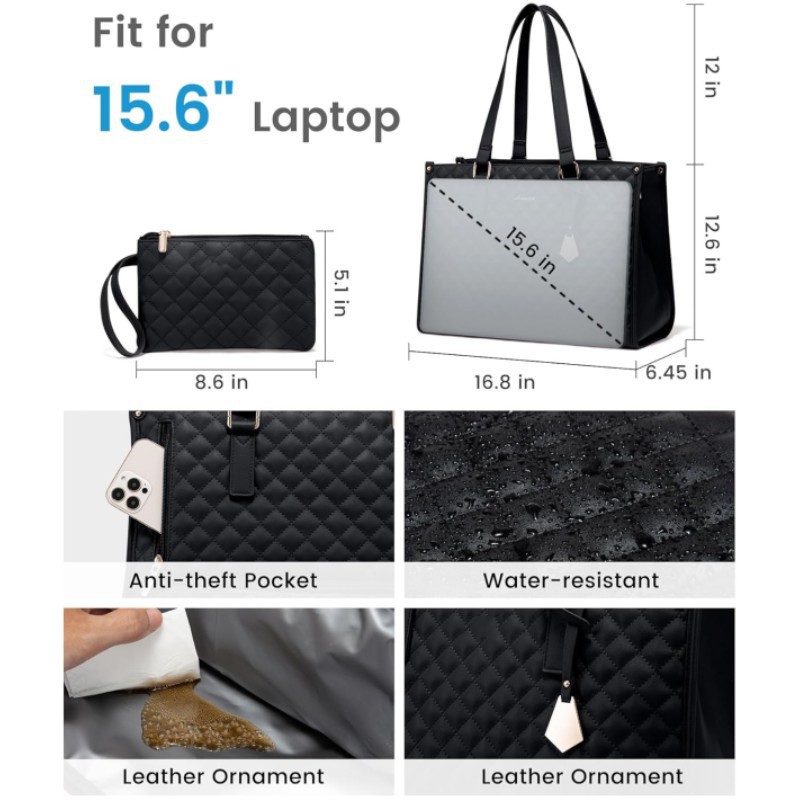 Stylish Quilted Laptop & Lunch Tote Bag , Water-Resistant with Insulated Compartment & Clutch(Green)