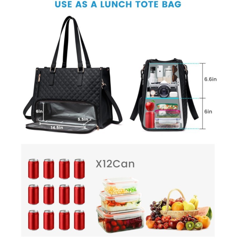 Stylish Quilted Laptop & Lunch Tote Bag , Water-Resistant with Insulated Compartment & Clutch(Green)