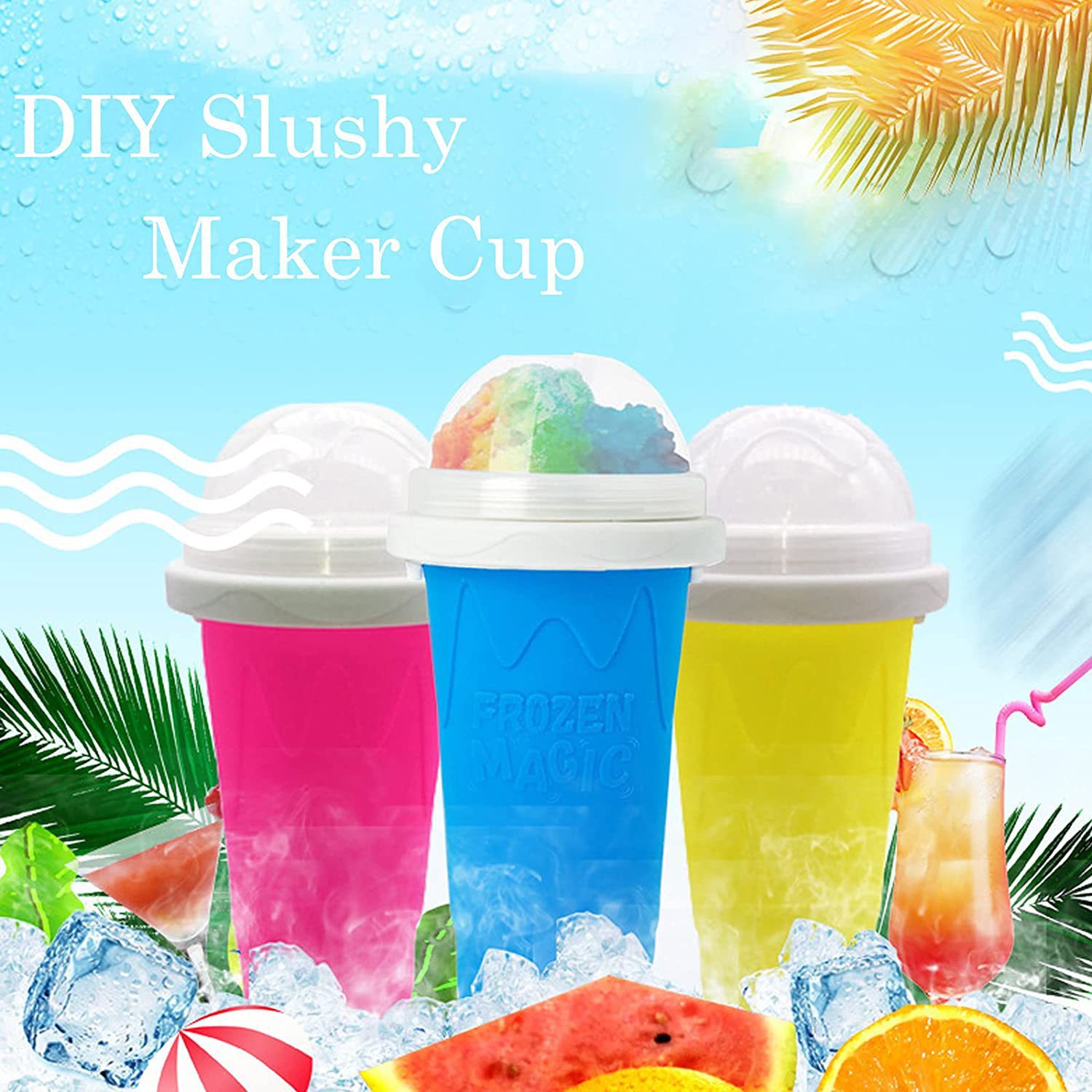 DIY Frozen Magic Slushy Maker Cup - Quick Squeeze Smoothie Cup with Lid & Straw/Spoon(Rose Red)