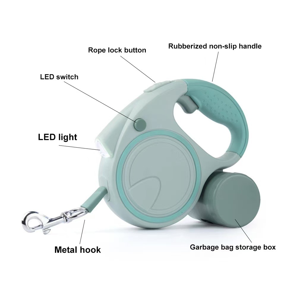 Blue and White 3M Retractable Dog Leash - Built-in LED Light (No Batteries) and Bag Holder