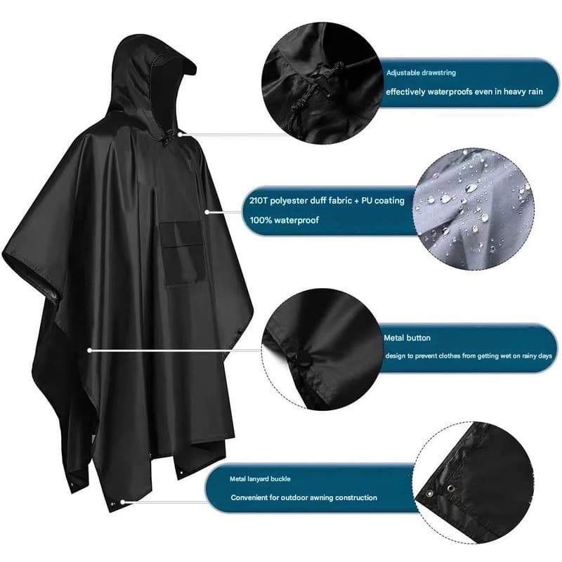 Rain Poncho Waterproof Tactical 3-in-1 Outdoor Camping Brown