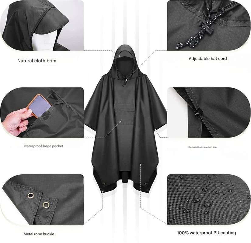 Rain Poncho Waterproof Tactical 3-in-1 Outdoor Camping Brown