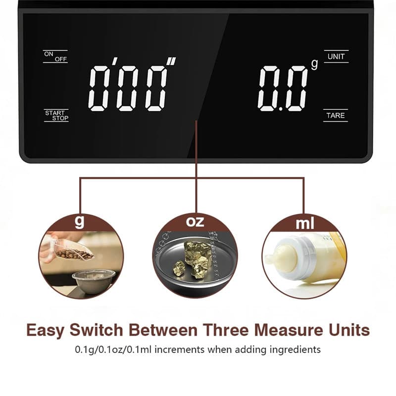 Digital Coffee Scale with Timer 0.1g Precision USB Rechargeable Black