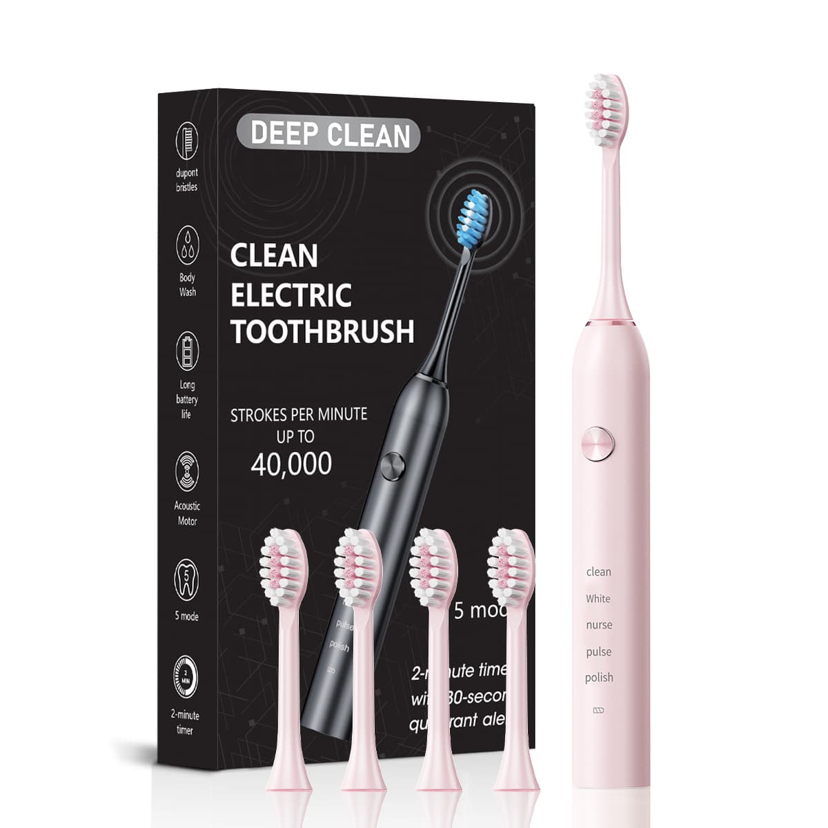 Pink Professional Sonic Toothbrush for Adults - 5 Modes, Smart Timer (4 brush heads)