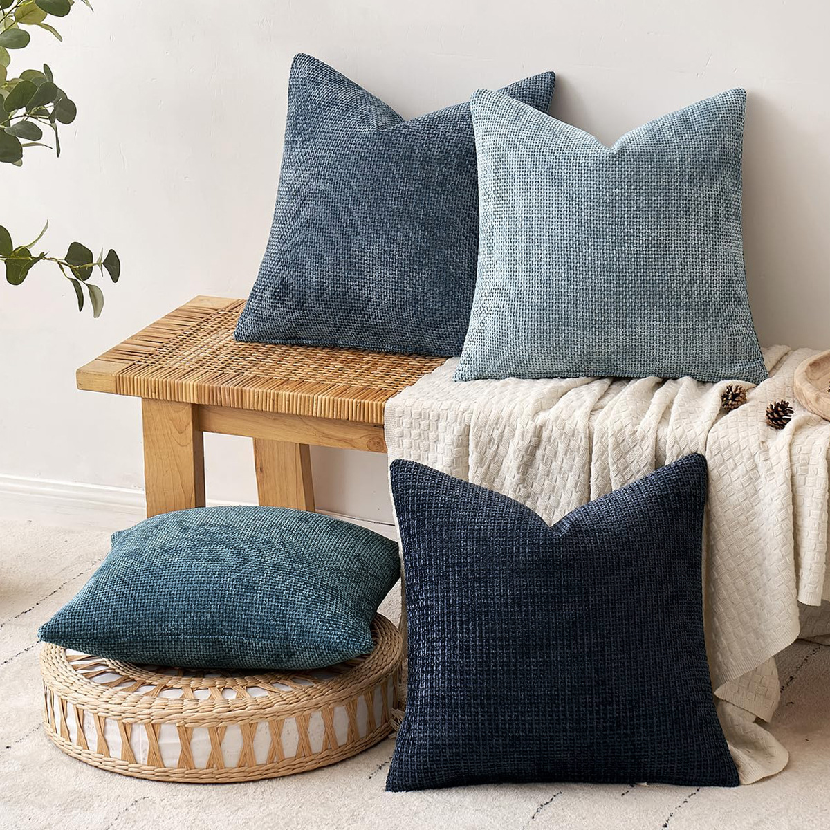 Yellow Plush Chenille Cushion Covers Set of 2 - Soft Textured Decorative Throw Pillow Cases for Sofa Couch, 45x45cm