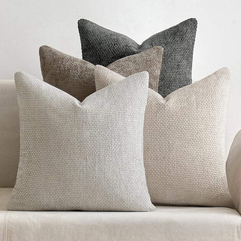 Pink Plush Chenille Cushion Covers Set of 2 - Soft Textured Decorative Throw Pillow Cases for Sofa Couch, 45x45cm