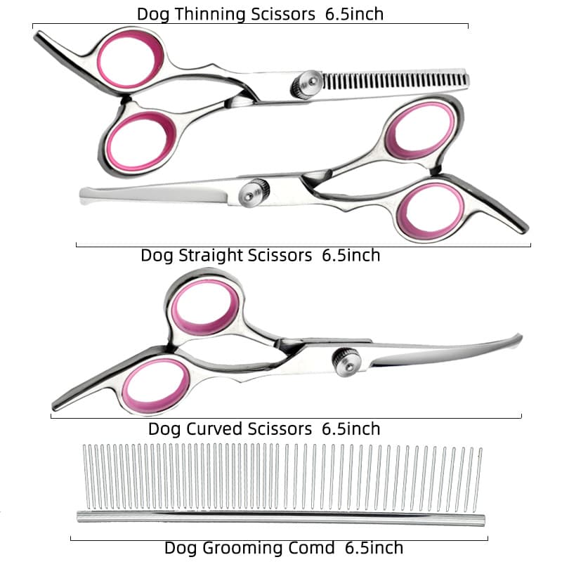 Blue and Silver Complete 5-Piece Pet Grooming Scissors Kit - Stainless Steel Straight, Curved & Thinning Shears with Comb & PU Case (6.0 Inch)