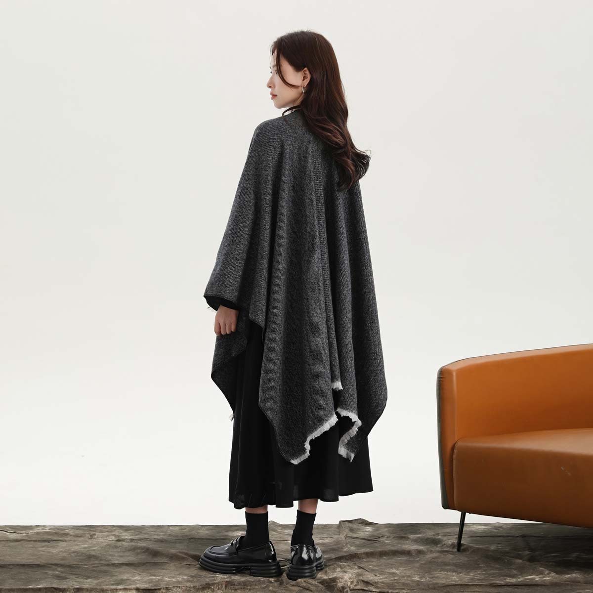 Black and White Elegant Soft Knit Poncho Cape - Warm Autumn Winter Shawl Wrap with Side Tie, Thick & Luxurious Feel
