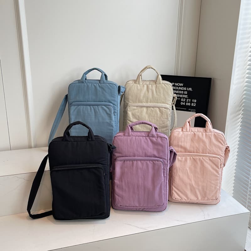 Beige Lightweight Nylon Vertical Crossbody Tote Bag - Casual Shoulder Bag with Adjustable Strap & Pockets