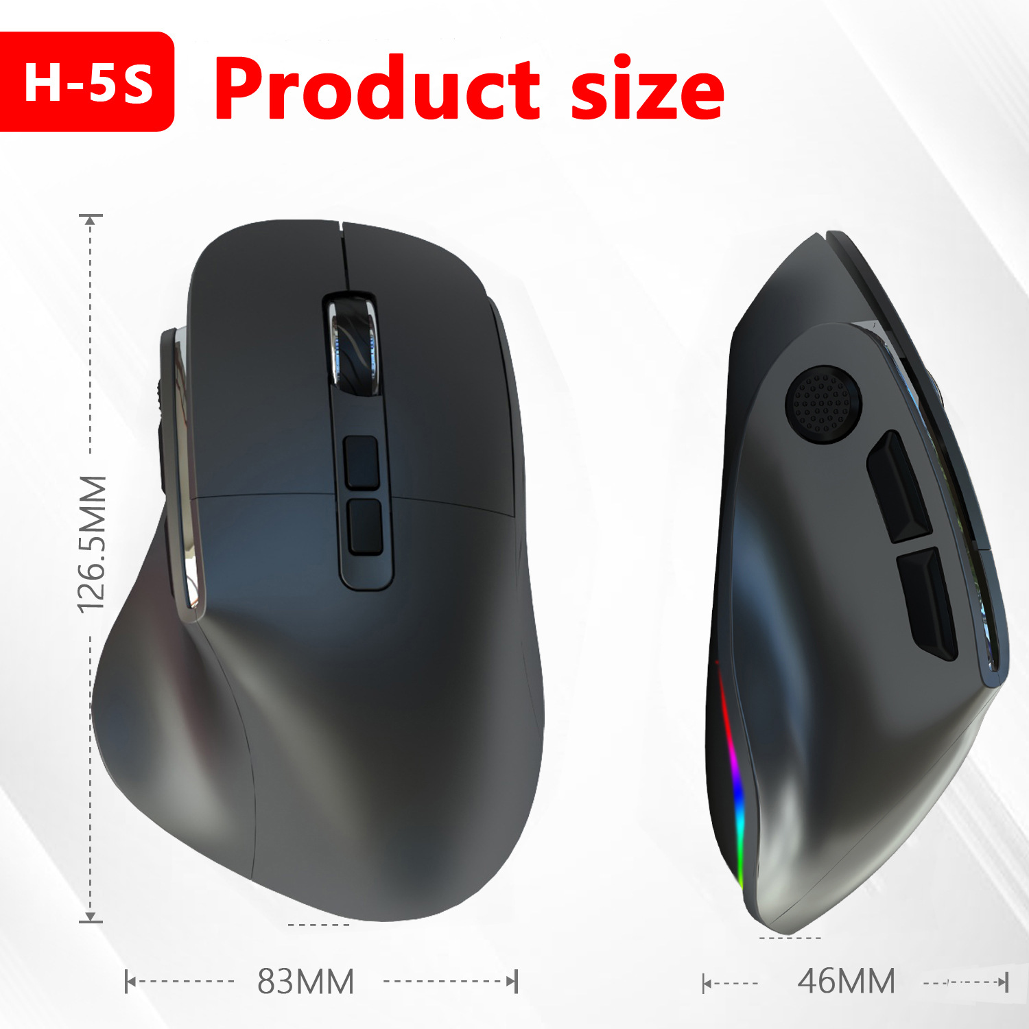 Ergonomic Vertical Wireless Mouse - Dual Mode (2.4G + Bluetooth), RGB Light, Rechargeable 500mAh Battery(black)