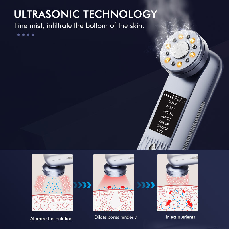 Multi-Functional Facial Beauty Device - Ultrasonic, EMS, RF LED, Cool Therapy & Eye Care(blue)