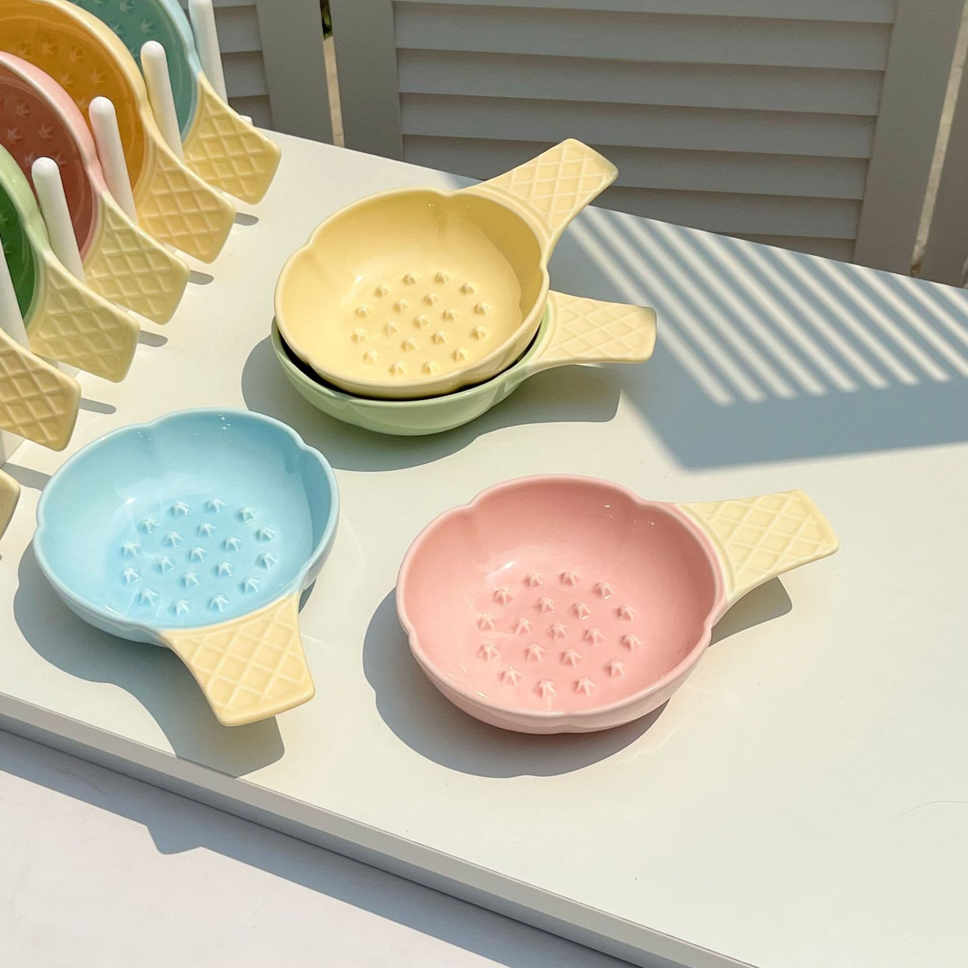Slow Feeder Pet Bowl Adorable Ice Cream Cone Ceramic 2 Pcs Yellow