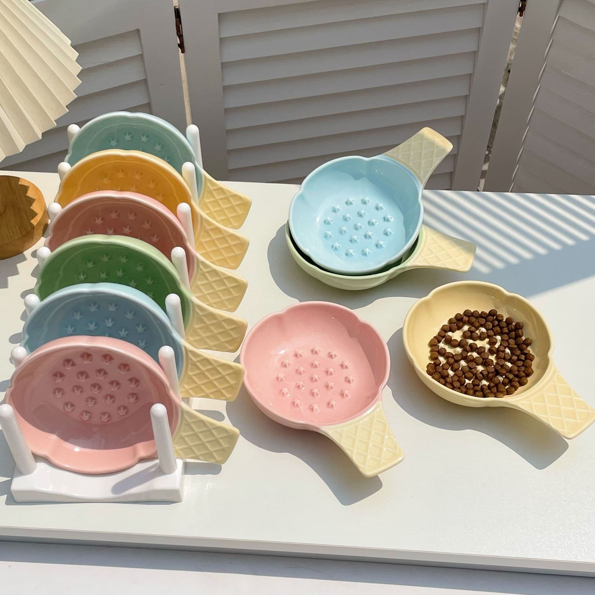 Slow Feeder Pet Bowl Adorable Ice Cream Cone Ceramic 2 Pcs Yellow