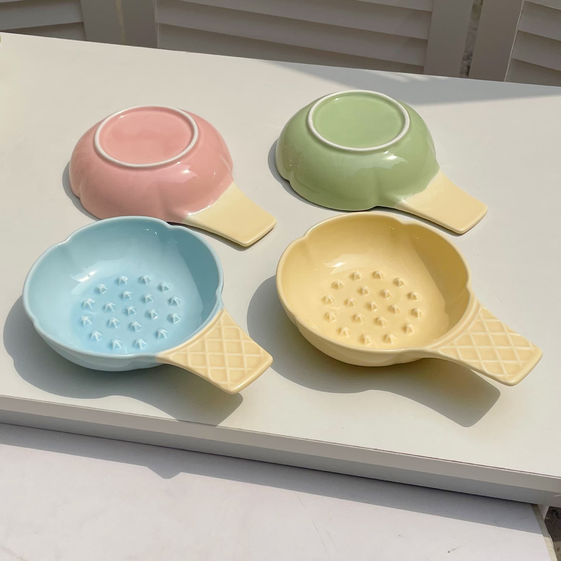 Slow Feeder Pet Bowl Adorable Ice Cream Cone Ceramic 2 Pcs Yellow