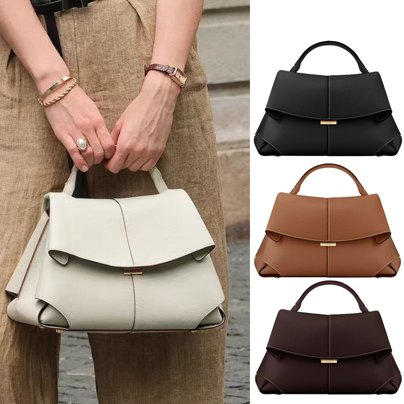 Brown Elegant Womens Genuine Cowhide Leather Top Handle Satchel - Chic Flap Crossbody Shoulder Bag