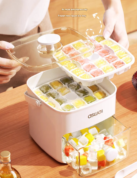Green Innovative Press-Release Ice Cube Maker - Dual Layer Trays & Storage Bin (48 Cubes)