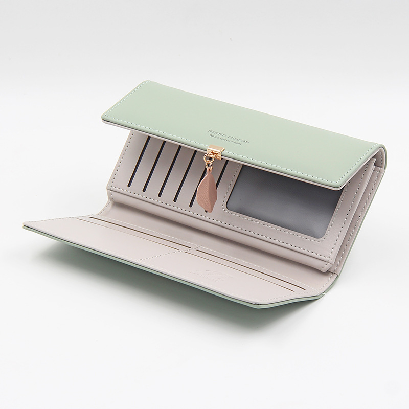 Green Elegant Ladies Long PU Leather Wallet - Slim Clutch with Leaf Charm, Multi-Card Holder & Organizer