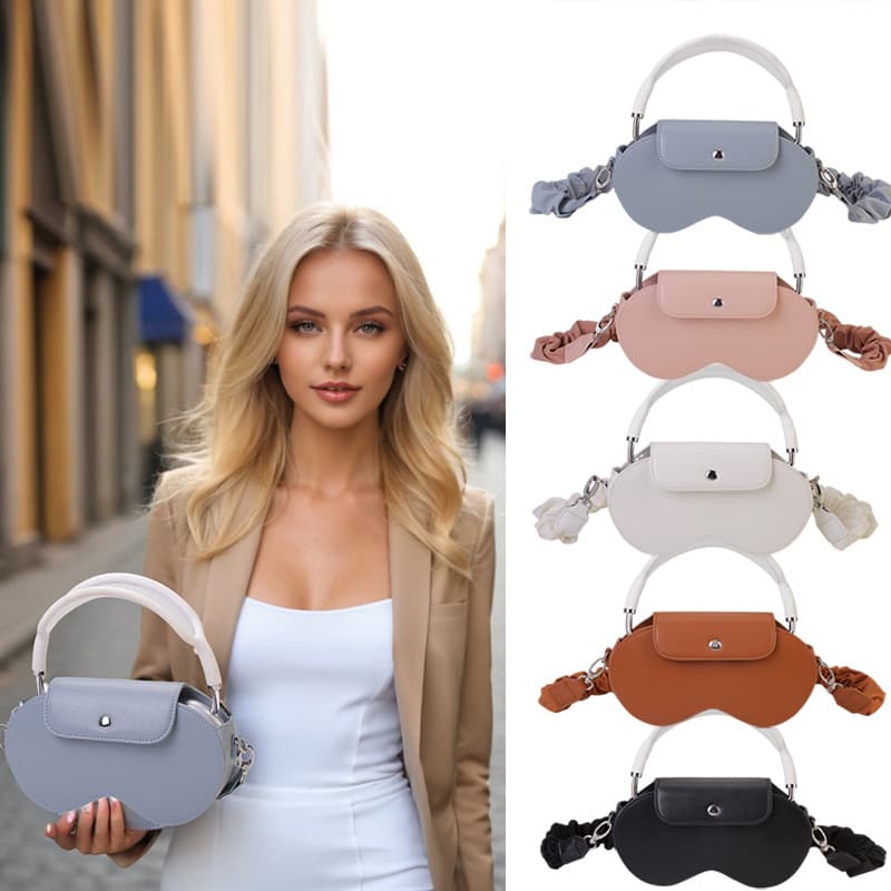 Headphone Case Chic PU Leather Crossbody Bag for Apple AirPods Max with Ruched Fabric Strap and Top Handle Brown