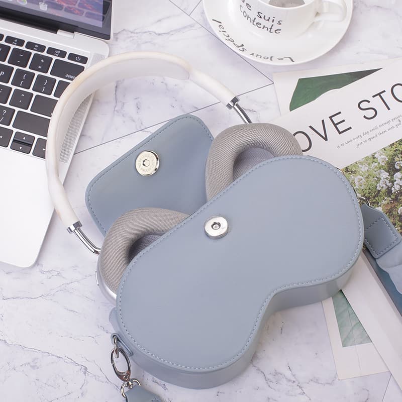 Headphone Case Chic PU Leather Crossbody Bag for Apple AirPods Max with Ruched Fabric Strap and Top Handle Brown