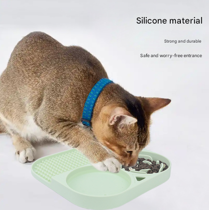 2 Pcs Blue 3-in-1 Silicone Pet Slow Feeder & Lick Mat with Water Bowl - Non-Slip Design for Dogs & Cats